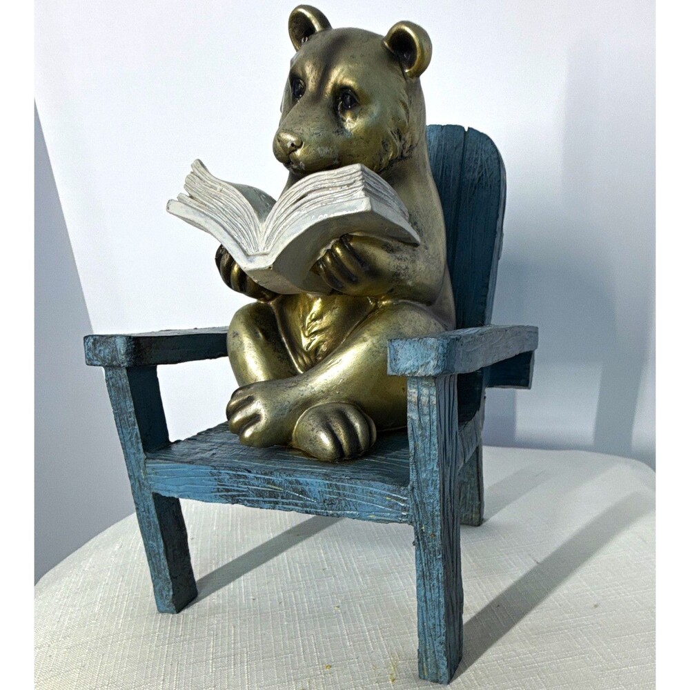 Plow & Hearth Whimsical Reading Bear Garden Statue - Bronze-Look Resin Figurine